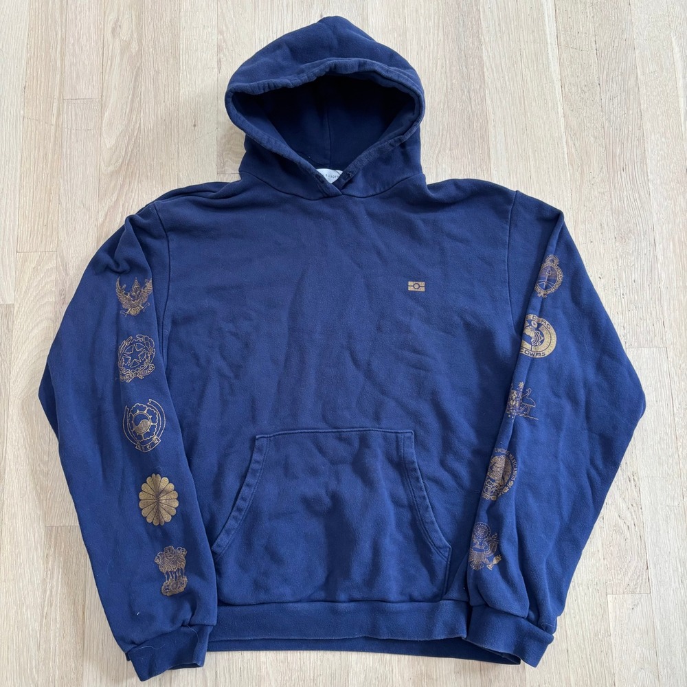 John Elliott Hoodie Mens XL Navy Blue Good Graphic World Map Sleeve Print